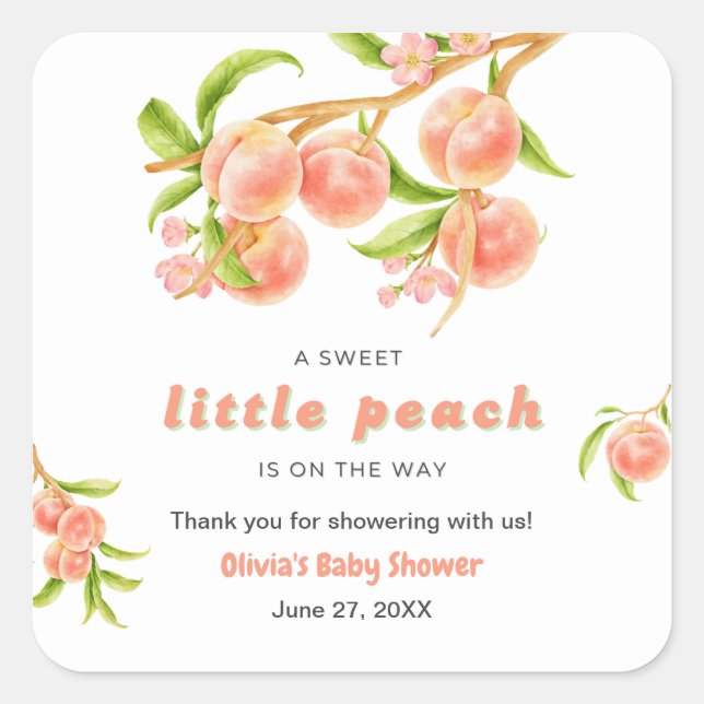 Adesivo Quadrado A Sweet Little Peach Fruit Baby Shower Thank You  (Frente)