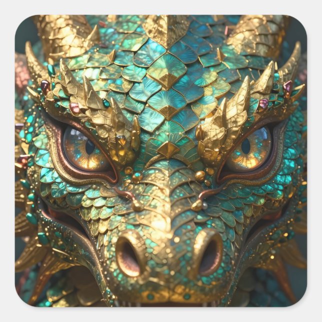 Adesivo Quadrado A Turquoise and Gold Dragon Mystical (Frente)