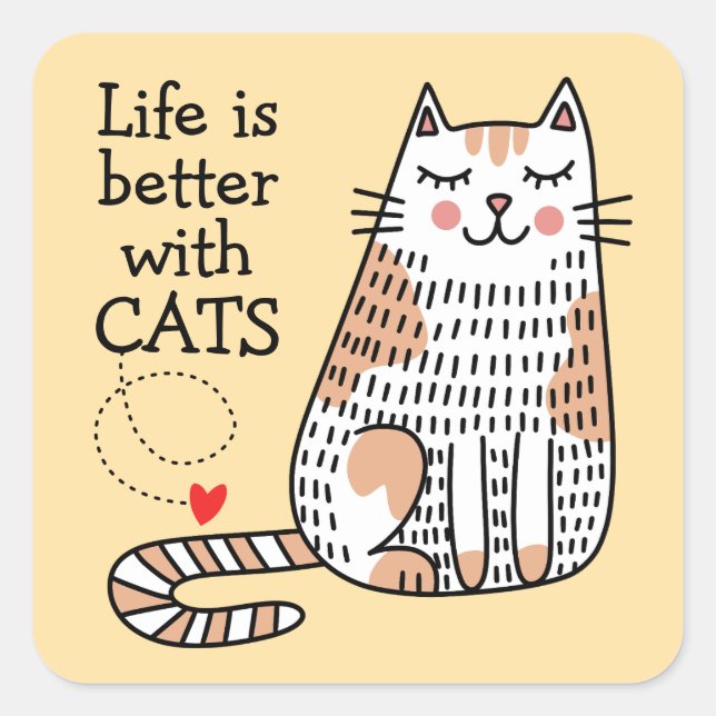 Adesivo Quadrado A Vida é Melhor Com Gatos Doodle (Frente)