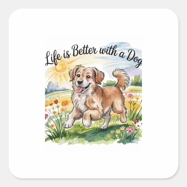 Adesivo Quadrado "A vida é melhor com um cão" (Frente)