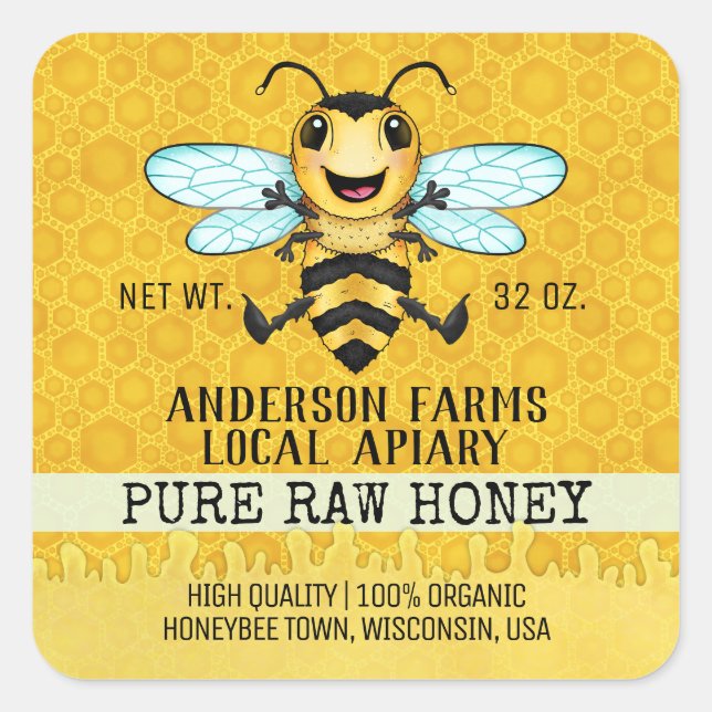 Adesivo Quadrado Abelha Apiary Honey | Feliz Honeybee Jar (Frente)