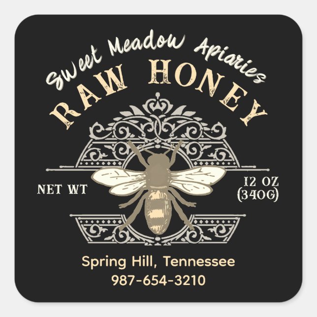 Adesivo Quadrado Abelha de mel legante em francês Filagree Honey Bl (Frente)