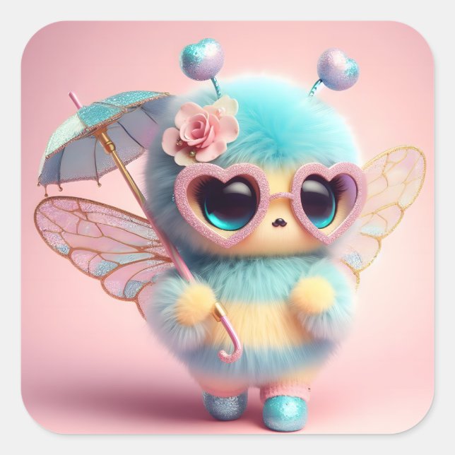 Adesivo Quadrado Abelha Fofa com Guarda-chuvas (Frente)