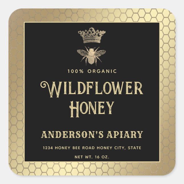 Adesivo Quadrado Abelha-rainha-moderna preta-de-vidro de mel (Frente)