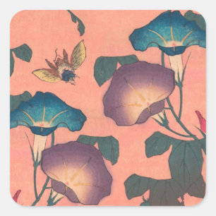 Adesivo Quadrado Abelhas e Flores - Arte Japonesa Rosa Floral