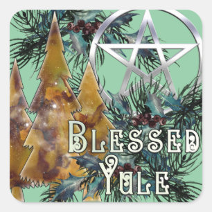 Adesivo Quadrado Abençoado Yule Silver Pentacle Holly e Pine