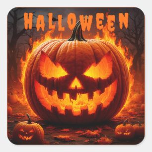 Adesivo Quadrado Abóbora de Halloween Assustadora com Chama