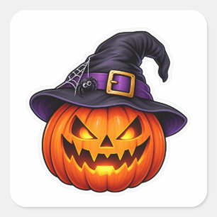 Adesivo Quadrado Abóbora de Halloween com Chapéu de Bruxa