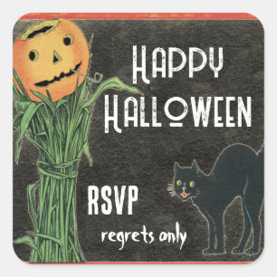 Adesivo Quadrado ABÓBORA DE HALLOWEEN Espiga de Milho e Gato Preto