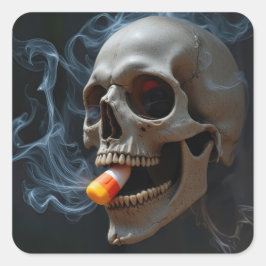 Adesivo Quadrado Abóbora de Halloween Fumando Caveira Mordendo Cand