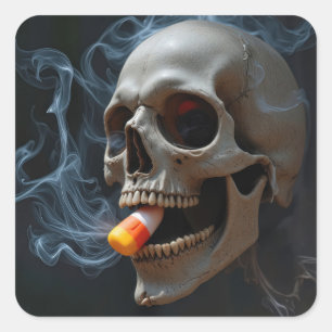 Adesivo Quadrado Abóbora de Halloween Fumando Caveira Mordendo Cand
