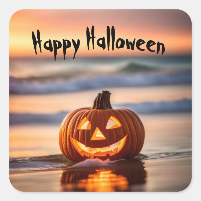 Adesivo Quadrado Abóbora de Halloween na Praia (Frente)
