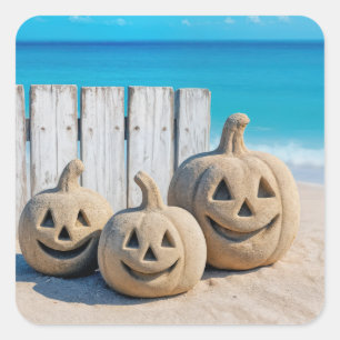 Adesivo Quadrado Abóbora de Halloween na Praia Marítima