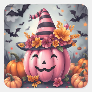 Adesivo Quadrado Abóbora de Halloween Rosa Bonita Jack-o-lantern