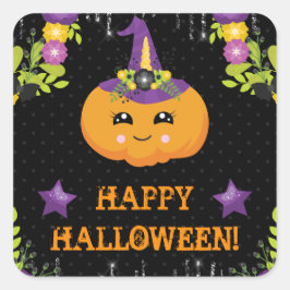 Adesivo Quadrado Abóbora Floral de Halloween Fofa