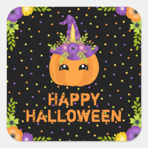 Adesivo Quadrado Abóbora Unicórnio Feliz Halloween Quadrado Preto A
