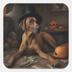 Adesivo Quadrado Abóboras Ridgeback da Rodésia Halloween Assustador