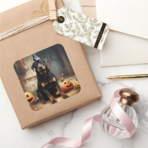Adesivo Quadrado Abóboras Rottweiler Halloween Assustador 