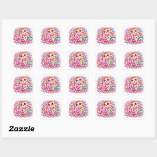 Adesivo Quadrado Abrace Fofo Kawaii Urso de Pelúcia Rosa Pastel Flo