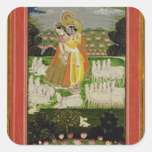 Adesivo Quadrado Abraço de Radha e de Krishna em um landscap