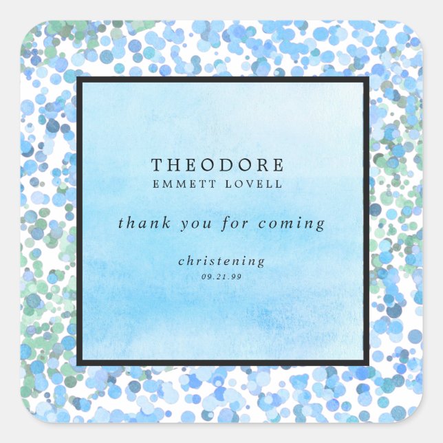 Adesivo Quadrado Abstrato Blue Modern Christening Obrigado (Frente)