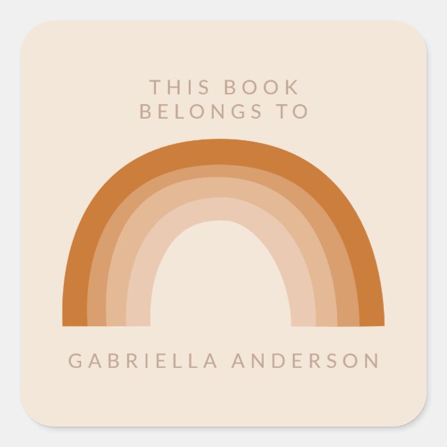 Adesivo Quadrado Abstrato Boho 70s Rainbow Terracotta Bookplate (Frente)