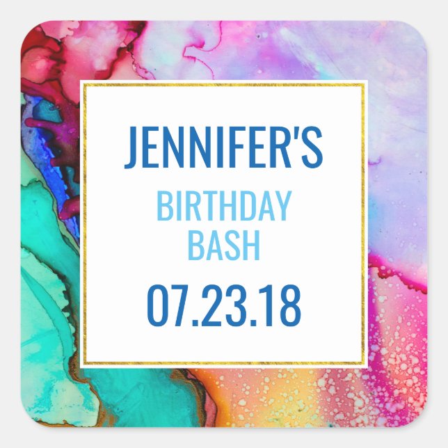 Adesivo Quadrado Abstrato de Aquarela rosa e turquesa (Frente)