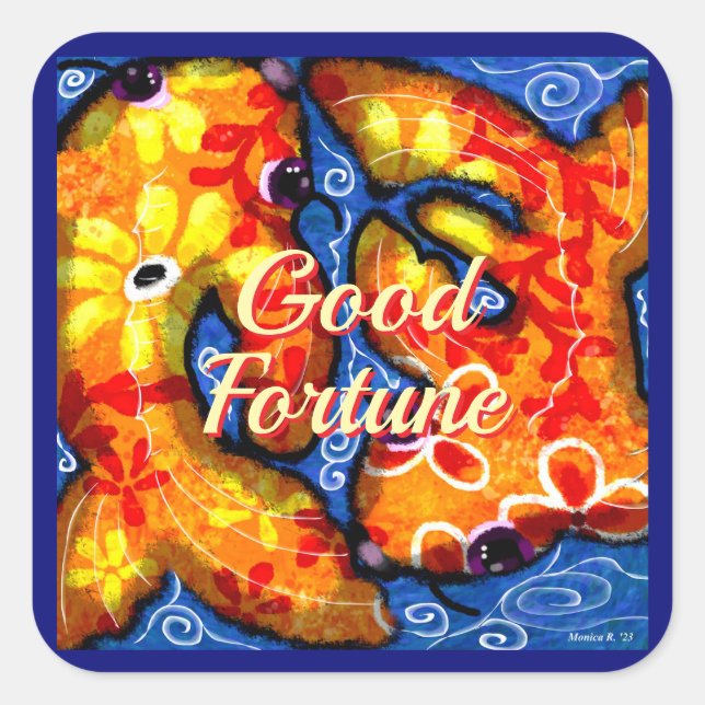 Adesivo Quadrado Abstrato Floral Koi Fish Orange Yellow Red Blue (Frente)