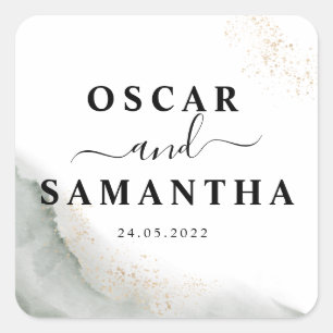 Adesivo Quadrado Abstrato Watercolor Pincel Verde Traços e Dourado