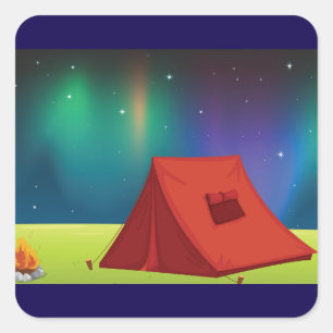 Adesivo Quadrado Acampamento Tenda Luzes do Norte Vibrantes Noite