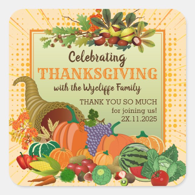 Adesivo Quadrado Ação de Graças Cornucopia Abundance Horn of Plenty (Frente)