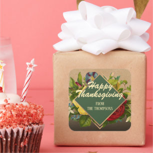 Adesivo Quadrado Ação de Graças Feliz Floral Antiquado e Vintage Pe