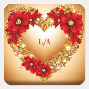 Adesivo Quadrado 💎 Acento de Coração Floral Vermelho Para Papelari