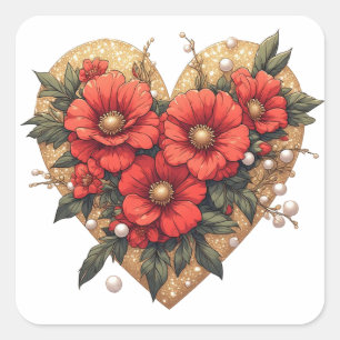 Adesivo Quadrado 💎 Acento de Coração Floral Vermelho para Papelari