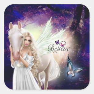 Adesivo Quadrado Acredite em Fantasy Fairy Angel com Cavalo Branco
