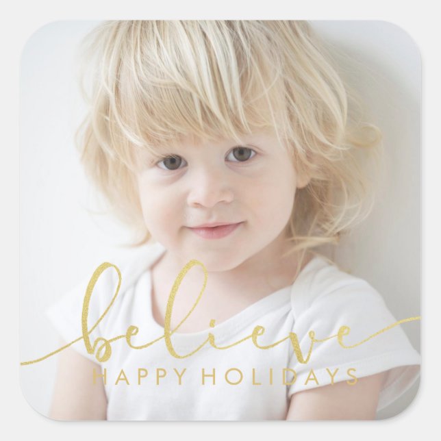 Adesivo Quadrado Acredite em HOLIDAY FAUX - Letra de Mão DOURADA FO (Frente)