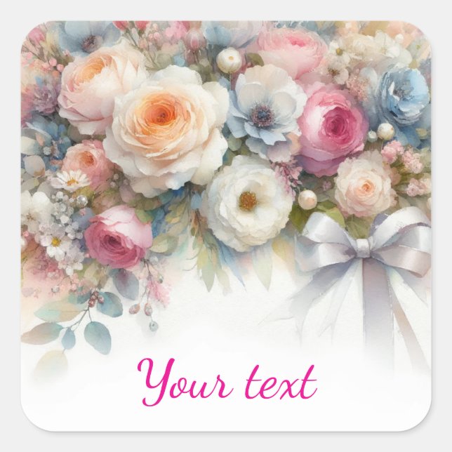 Adesivo Quadrado Add Your Text Watercolor Wedding Flowers (Frente)
