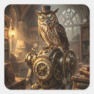Adesivo Quadrado adereços de arte de coruja steampunk engrenagens