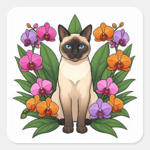 Adesivo Quadrado adereços de gato siamês de flor exótica