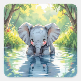 Adesivo Quadrado Adorable Baby Elephant and Reflection