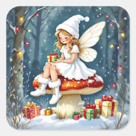 Adesivo Quadrado Adorable Little Christmas Fairy on Mushroom