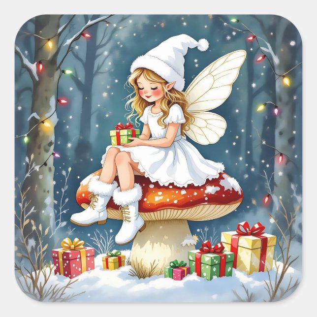 Adesivo Quadrado Adorable Little Christmas Fairy on Mushroom (Frente)