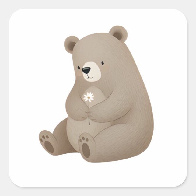 Adesivo Quadrado Adorable Ours Brun à la Marguerite – Illustration  (Frente)