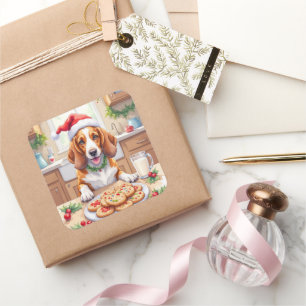 Adesivo Quadrado Adorável Basset Hound Roubando Biscoitos de Natal