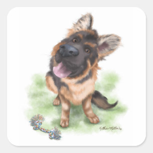 Adesivo Quadrado Adorável cachorrinho Cartoon Pastor Alemão