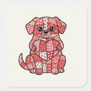 Adesivo Quadrado Adorável Cachorro de Patchwork com Ilustração de C