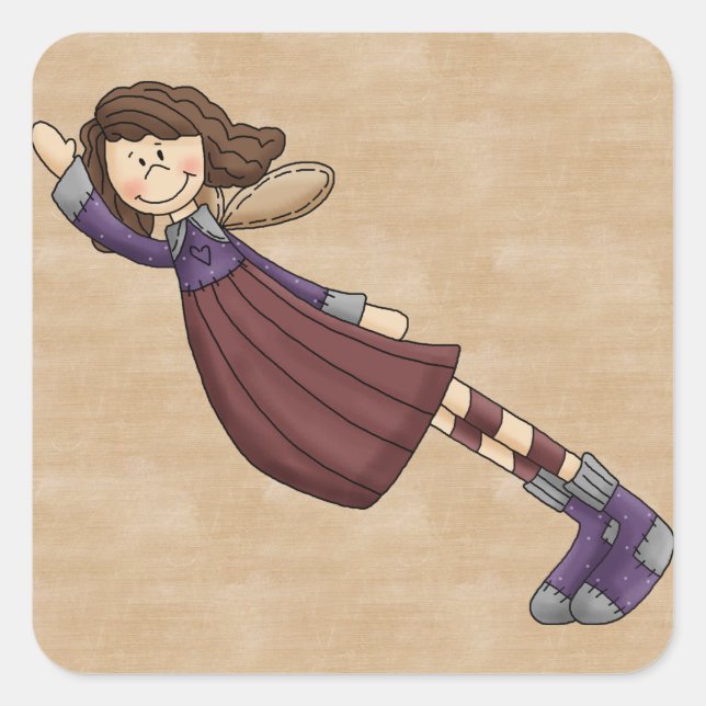 Adesivo Quadrado Adorável Country Folk Art Rag Angel Doll (Frente)