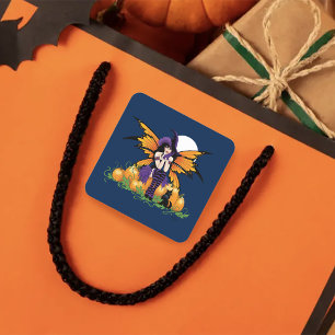 Adesivo Quadrado Adorável Fada de Halloween com Abóbora e Gato Pret