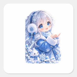 Adesivo Quadrado Adorável Garota de Anime de Inverno 