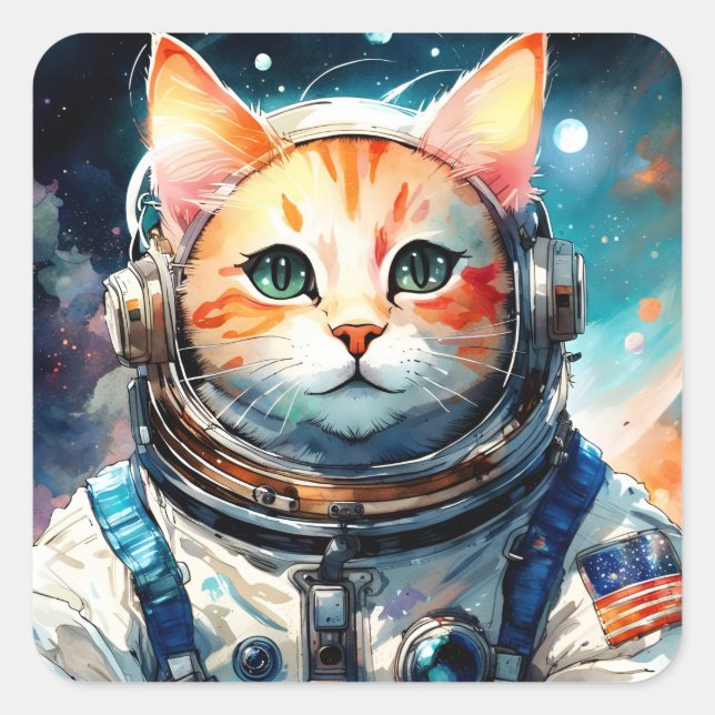 Adesivo Quadrado Adorável Gato Astronauta dos EUA (Frente)